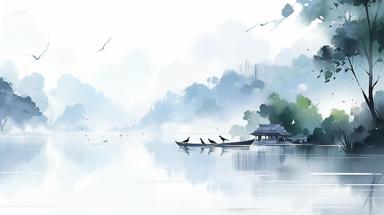 秋季水墨画渐变远山树木湖泊温馨宁静立秋秋分秋天插画