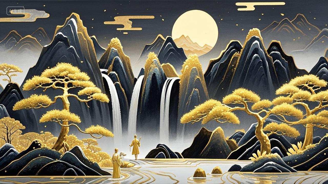 中国黑金山水风景插画