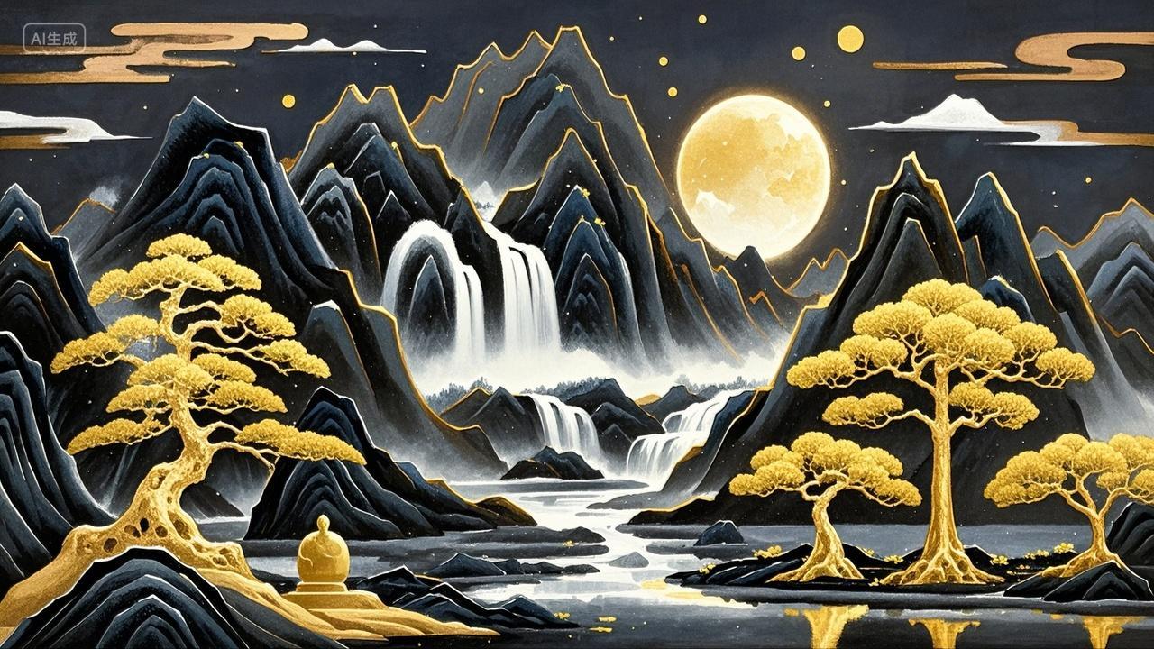 中国黑金山水风景插画