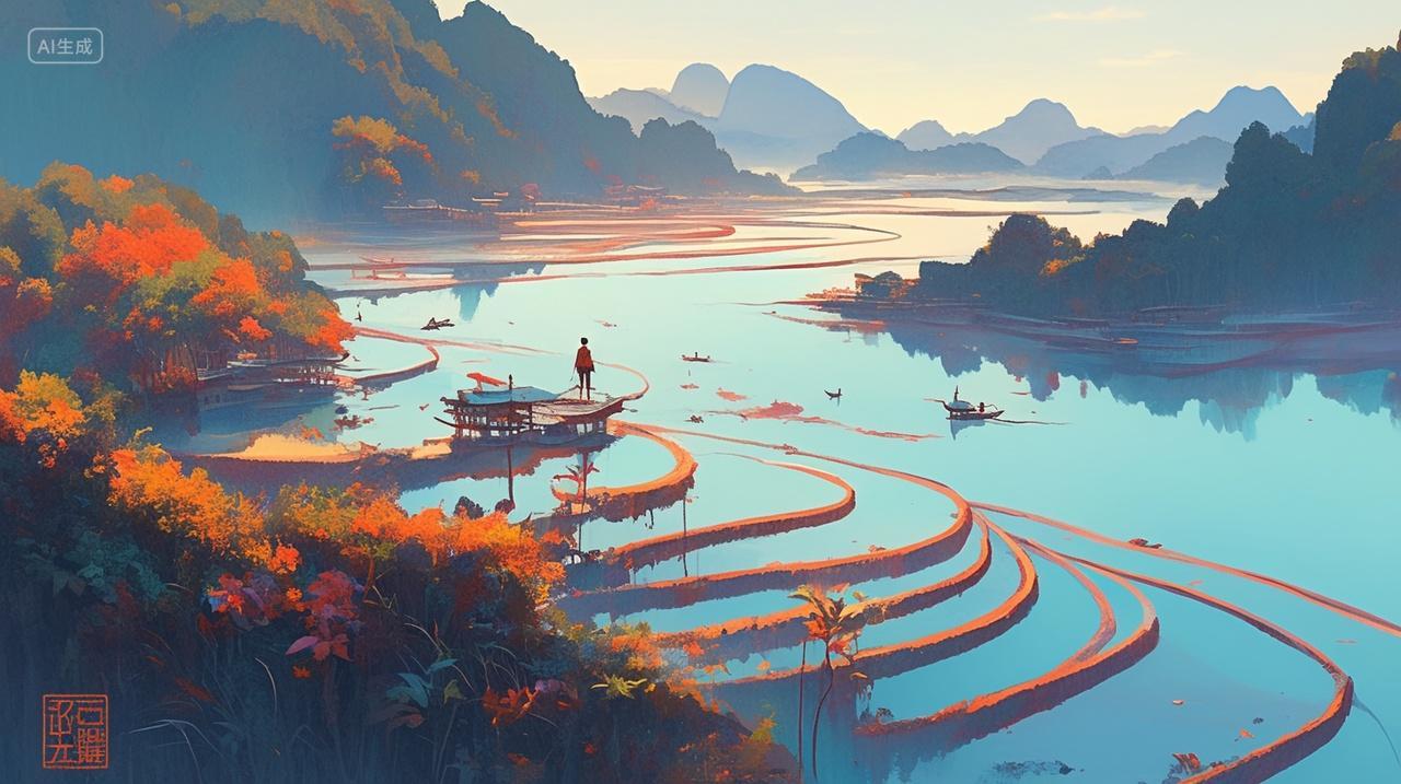 秋季山水画秋色梯田云雾缭绕极简宁静自然秋分秋天立秋插画