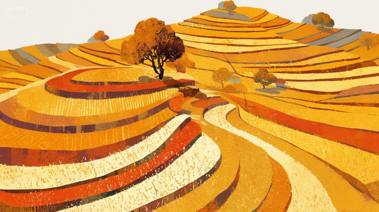 秋季山水画秋色梯田云雾缭绕极简宁静自然秋分秋天立秋插画