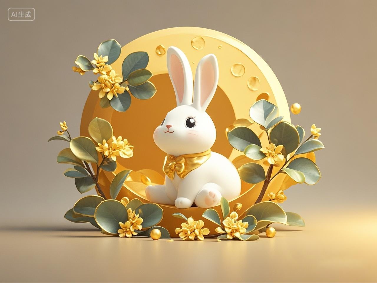 金色卡通兔子月亮桂花中秋C4D立体可爱