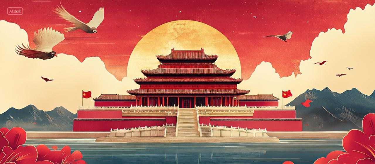 一座中国古建筑红色背景