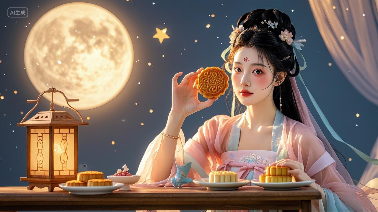 月色下的嫦娥仙子月饼八月十五中秋节