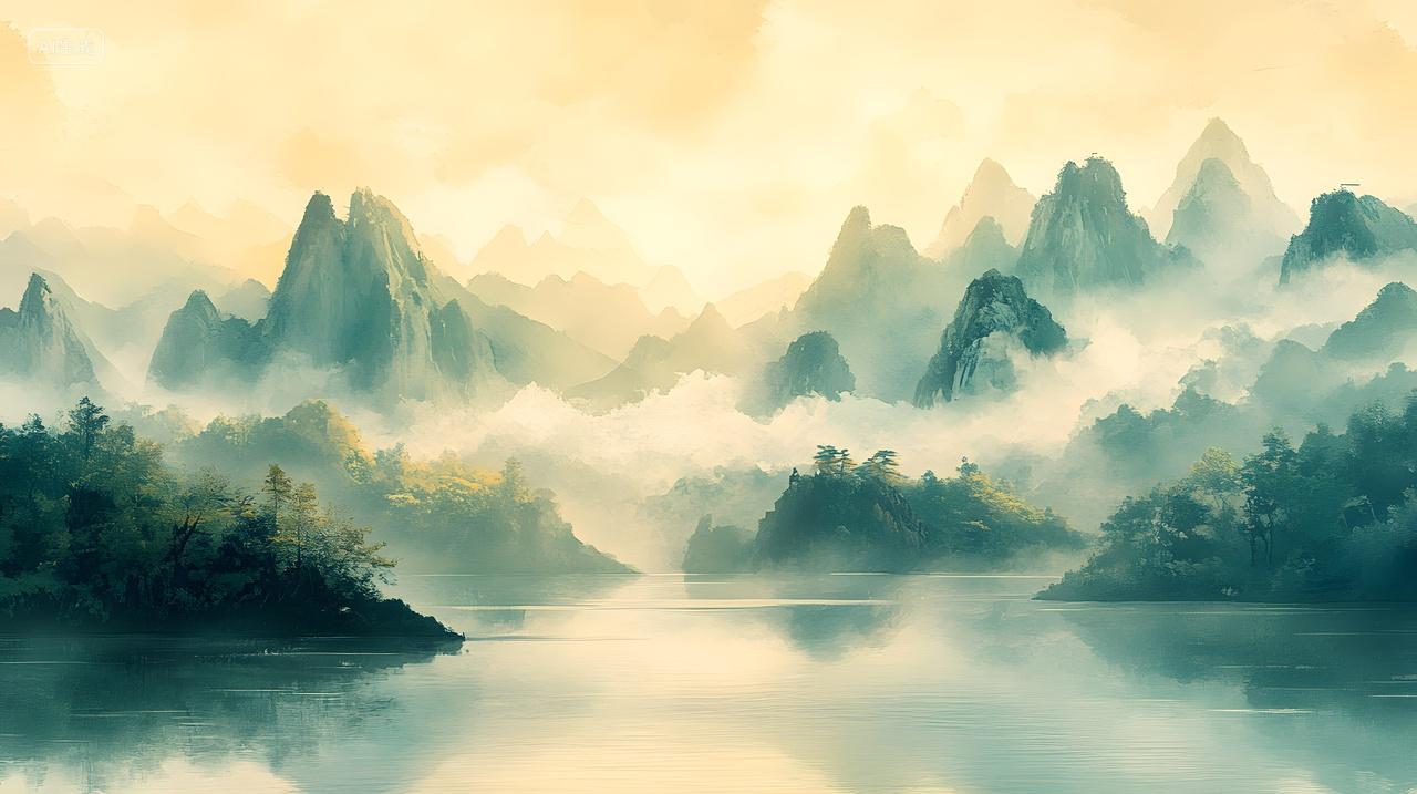 雾霭中的山水风光风景插画