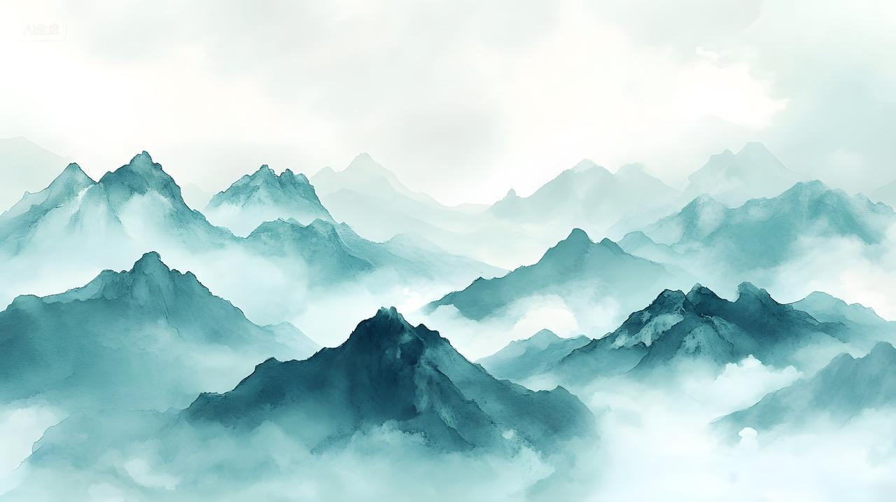 云雾山脉水墨插画