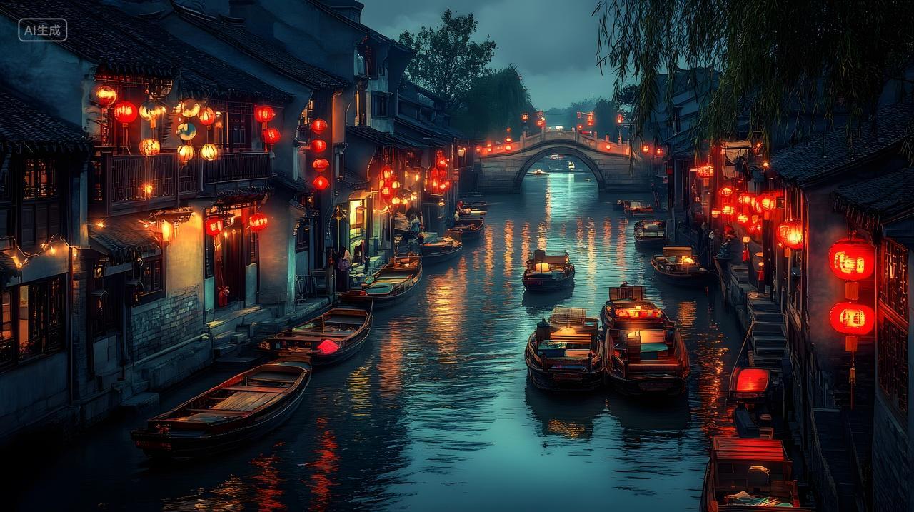 中国水乡夜景灯笼美景旅游摄影