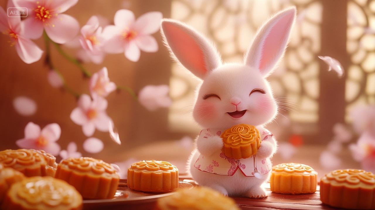 中秋节可爱萌萌哒的兔子捧着金黄月饼温馨素材插画
