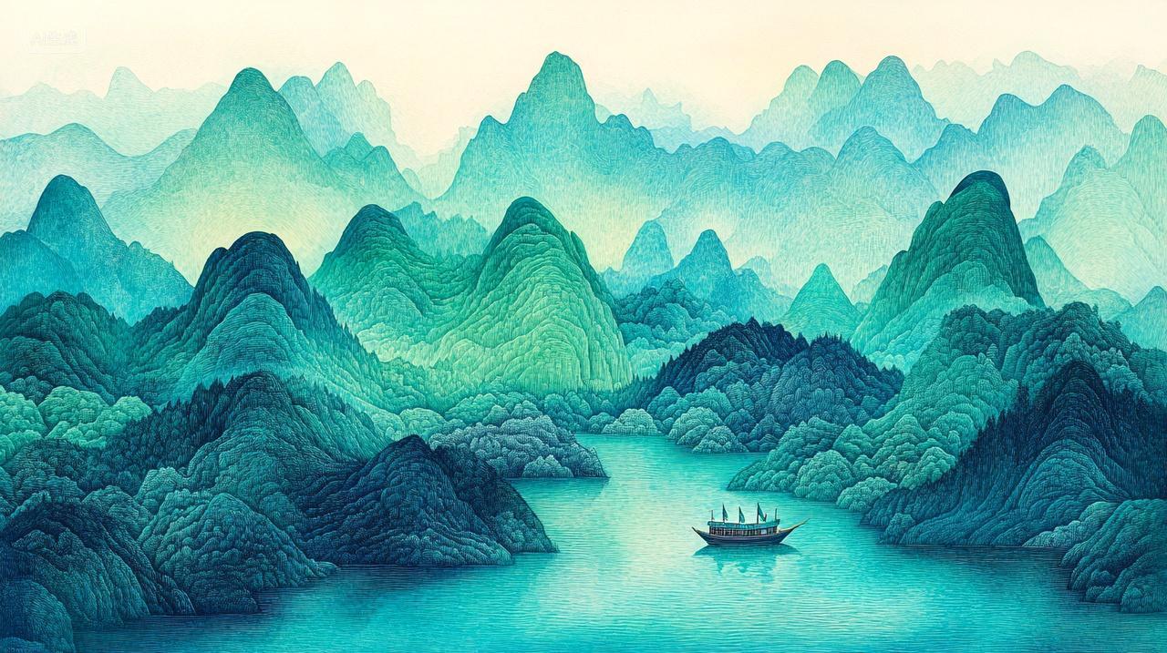 中国风意境蓝色背景山水画