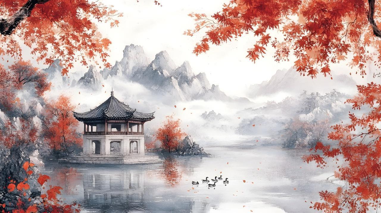 水墨秋景中国亭台插画