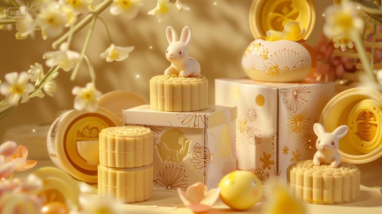 中秋节金黄月饼堆叠兔子桂花树温馨团圆浪漫团圆渐变素材插画
