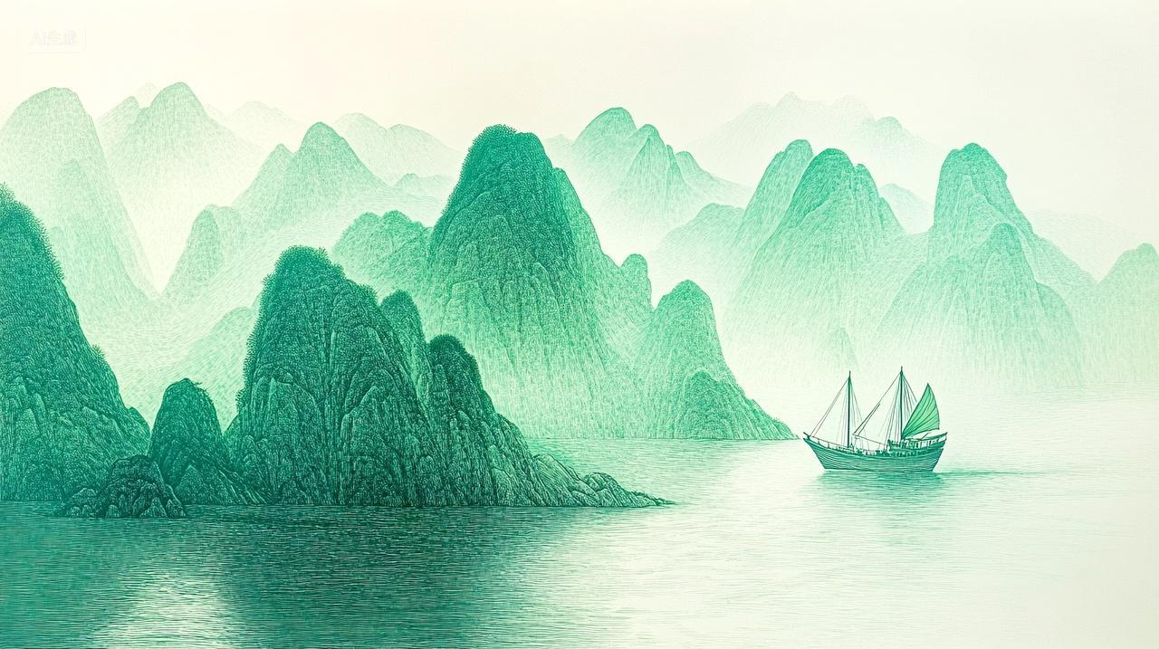 中国风意境蓝色背景山水画