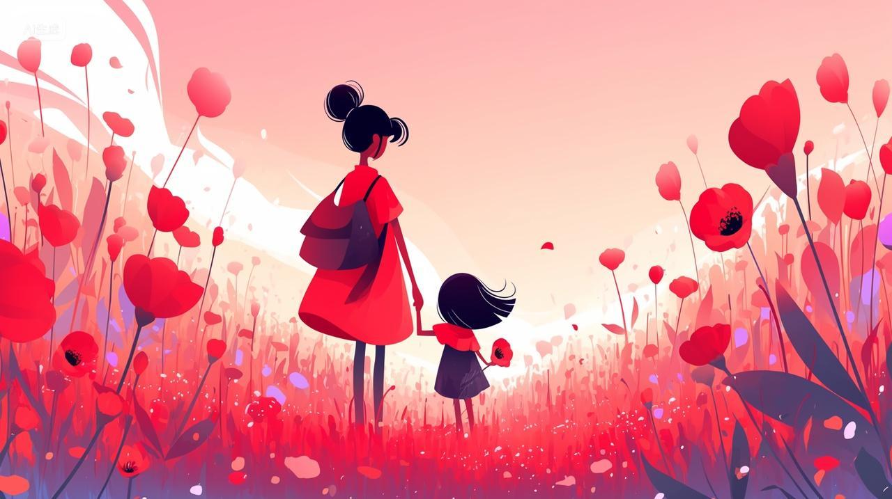 母亲节母亲手牵手走在红色浪漫花海温馨甜蜜感恩母爱素材插画