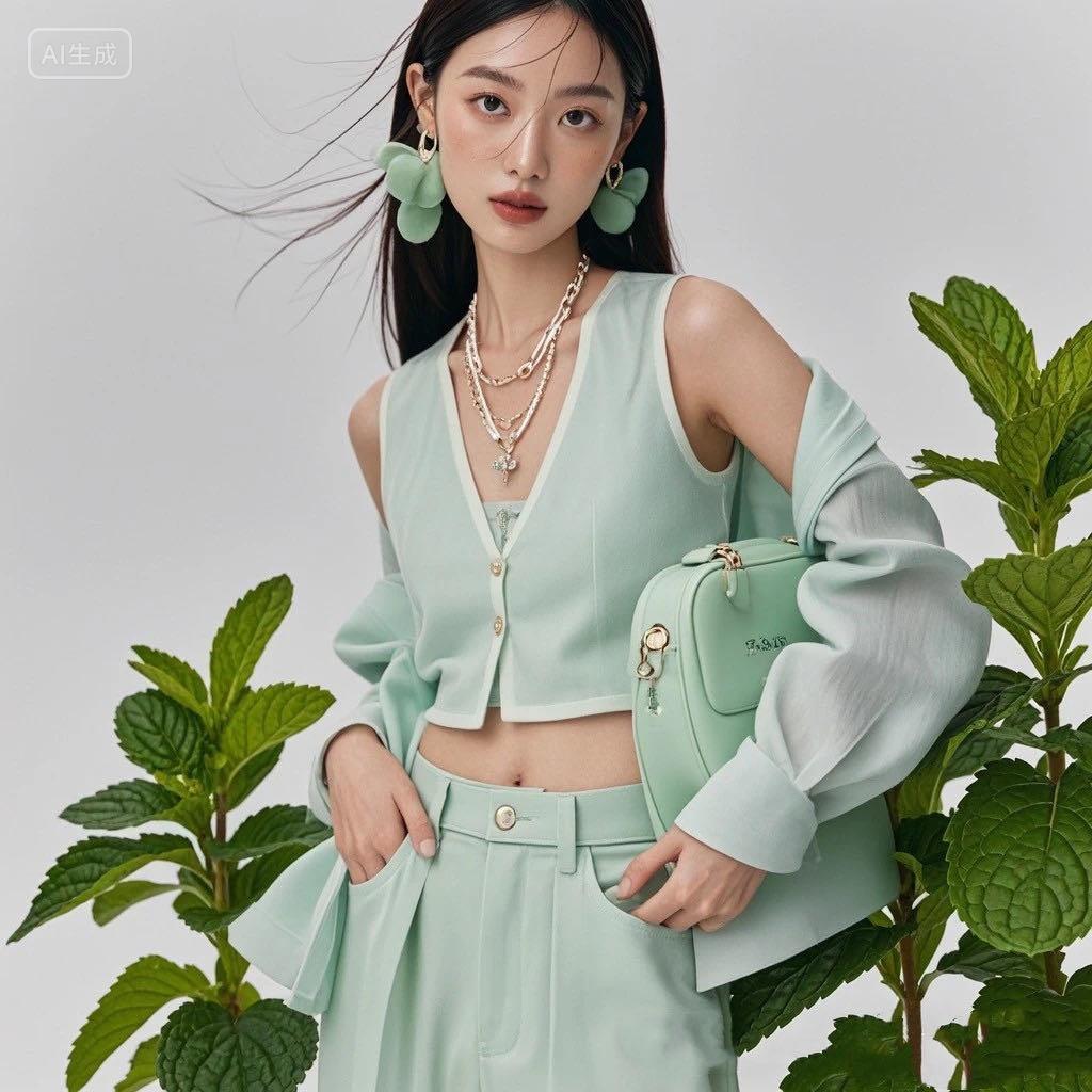 2024流行趋势薄荷曼波绿色系穿搭模特女孩