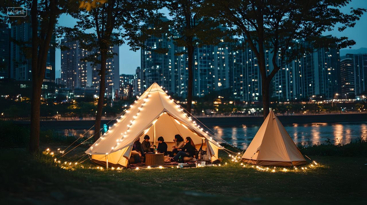 城市公园露营帐篷夜晚灯光风景