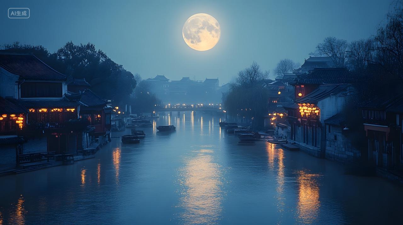 江南水乡月夜自然景色