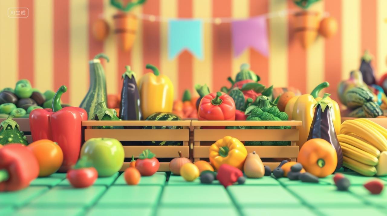 3D卡通插图缤纷水果蔬菜摊店面