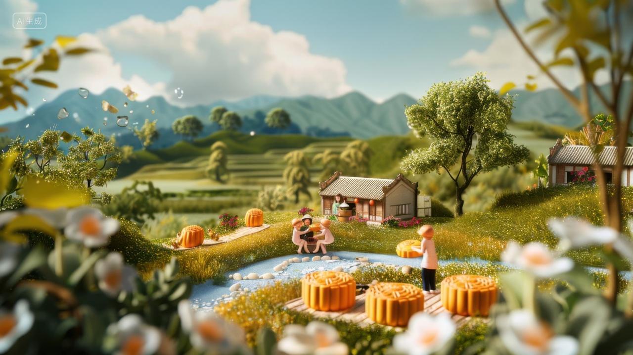 3D渲染中秋节插图在户外品尝月饼的一家人