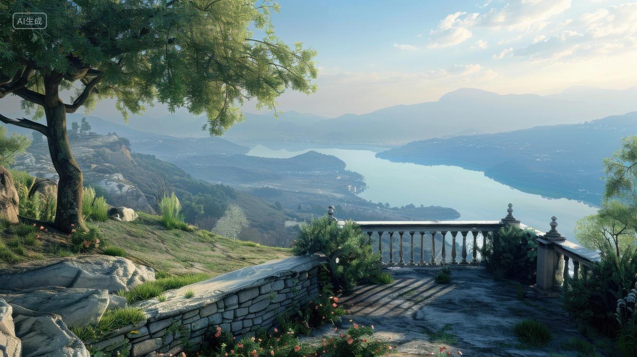 高山上的别墅花园与远处的河流