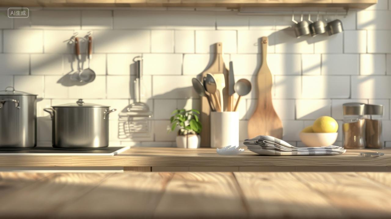 摆放着各种厨具的厨房桌面