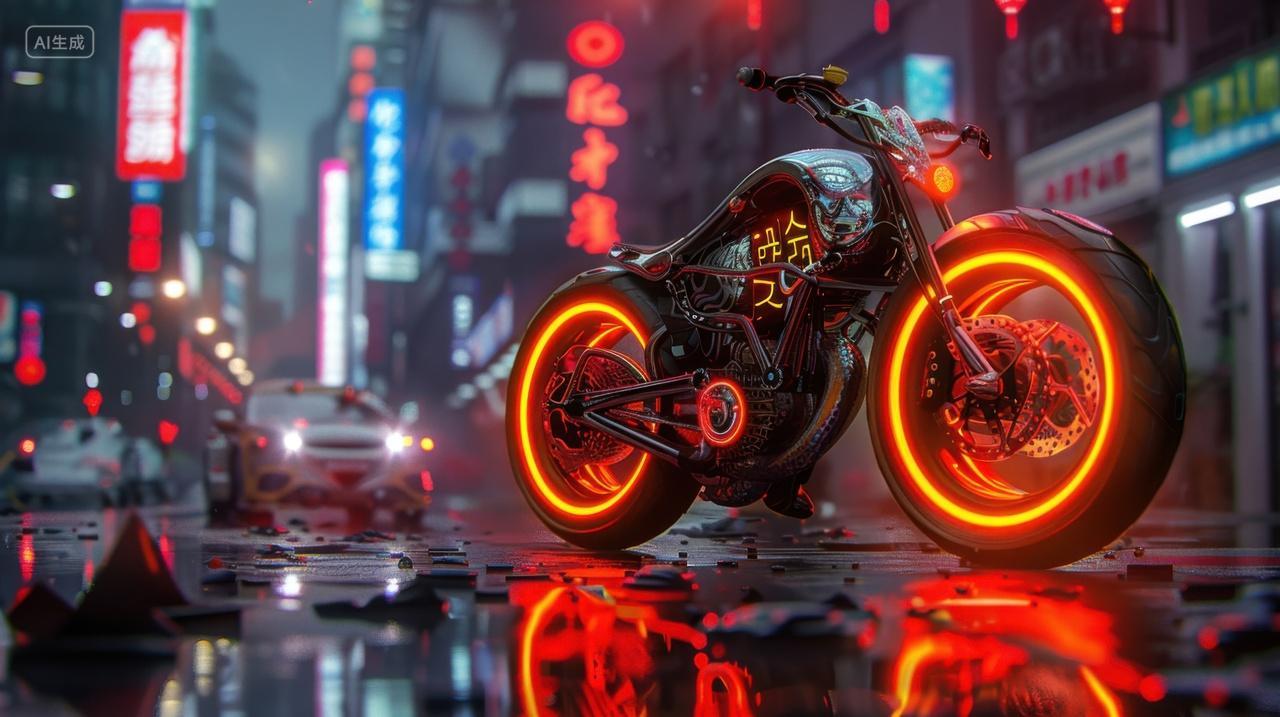 3D赛博朋克街道上的电动摩托车