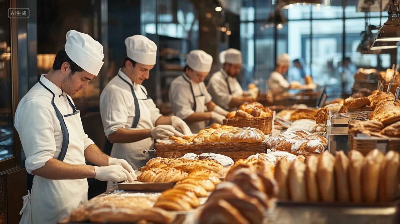 面包师团队在烘焙坊制作各种面包