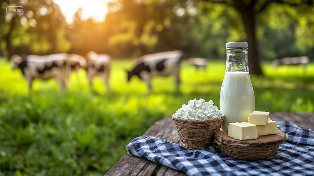 奶牛牧场上的乳制品和鲜花