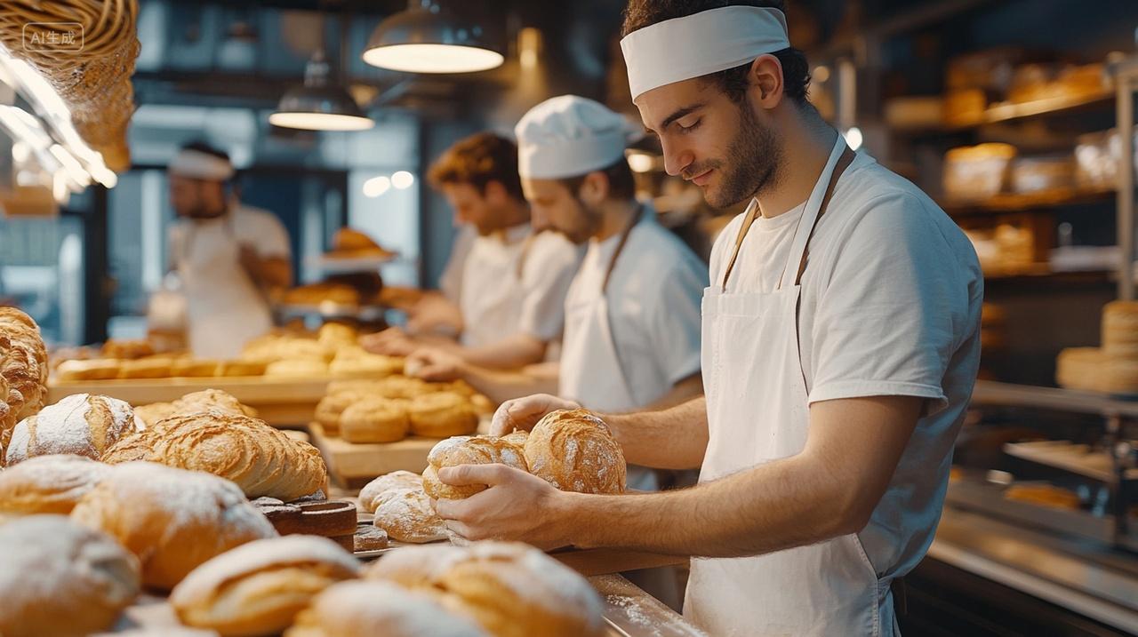 面包师在烘焙坊制作新鲜面包