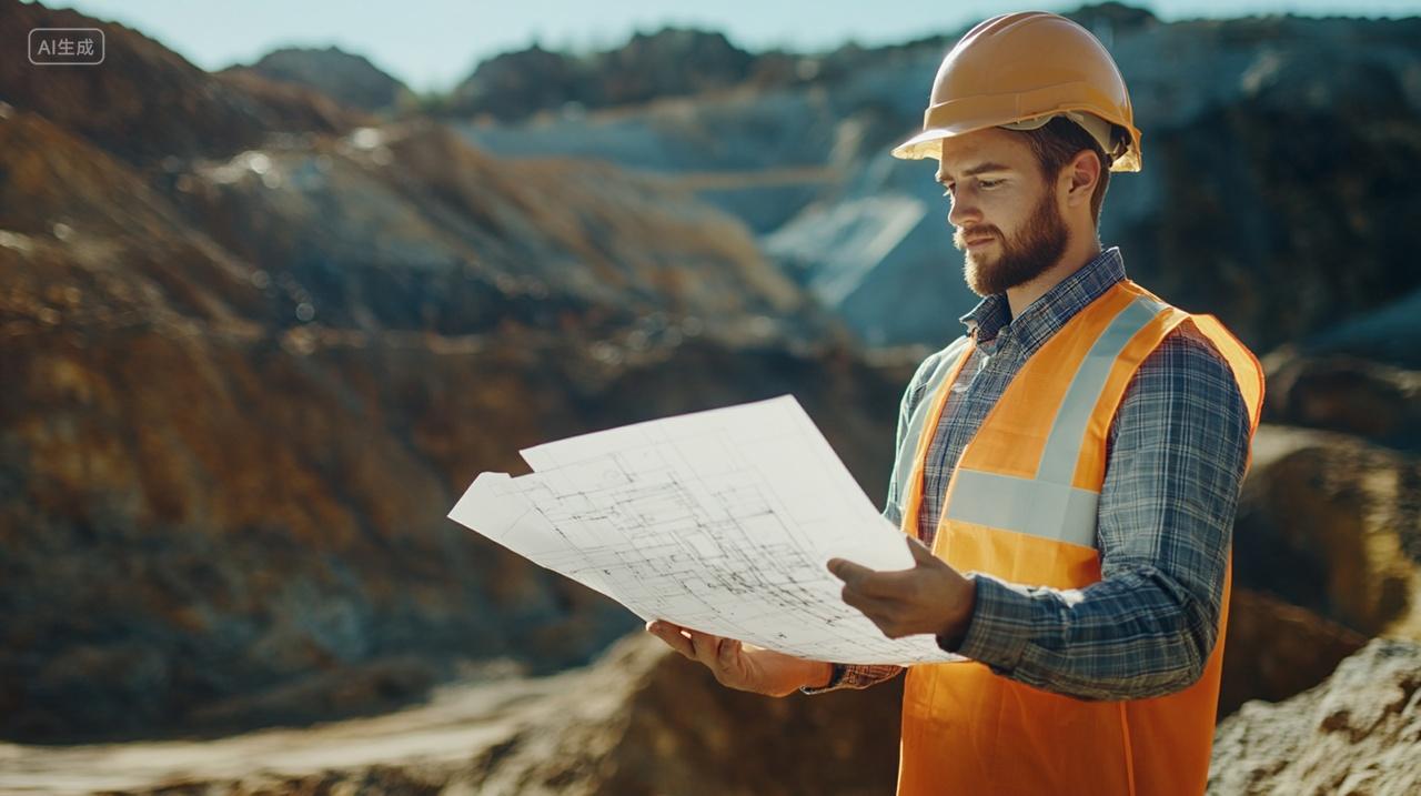 工程师在采矿现场查看蓝图