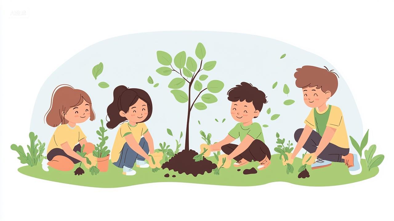 孩子们参与植树活动插画