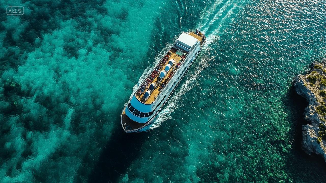 游轮在夕阳下的壮观航行