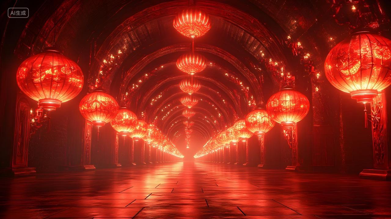 蛇年新春红灯笼璀璨长廊辉煌节日氛围