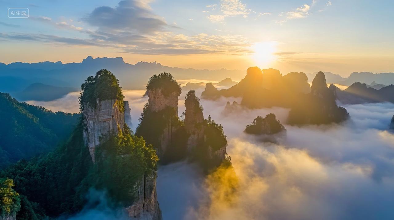 张家界云海日出雾气山峰绿色中国自然风景