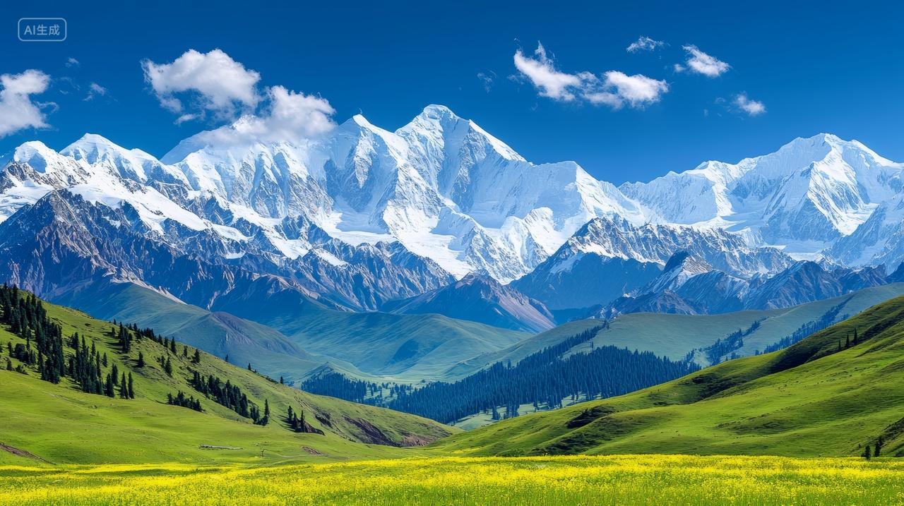 新疆雪山针叶林草地旅行背景风景