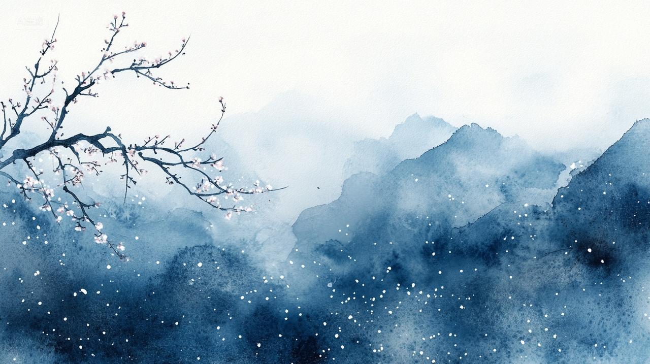 冬季水墨梅花盛开蓝色水彩背景雪花飘落渐变立冬冬至小雪古风插画