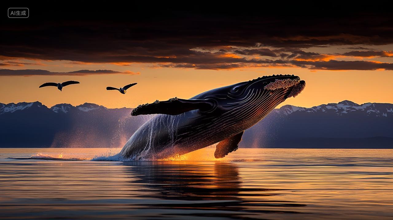 鲸鱼跃出海面鲸落生命死亡陨落夕阳海洋