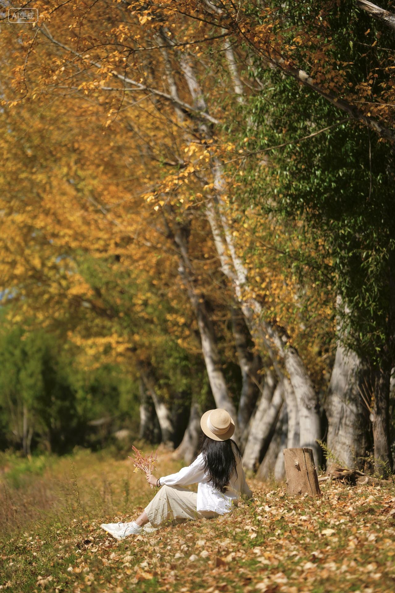秋天女生坐在树下背影背景秋天秋分立秋二十四节气