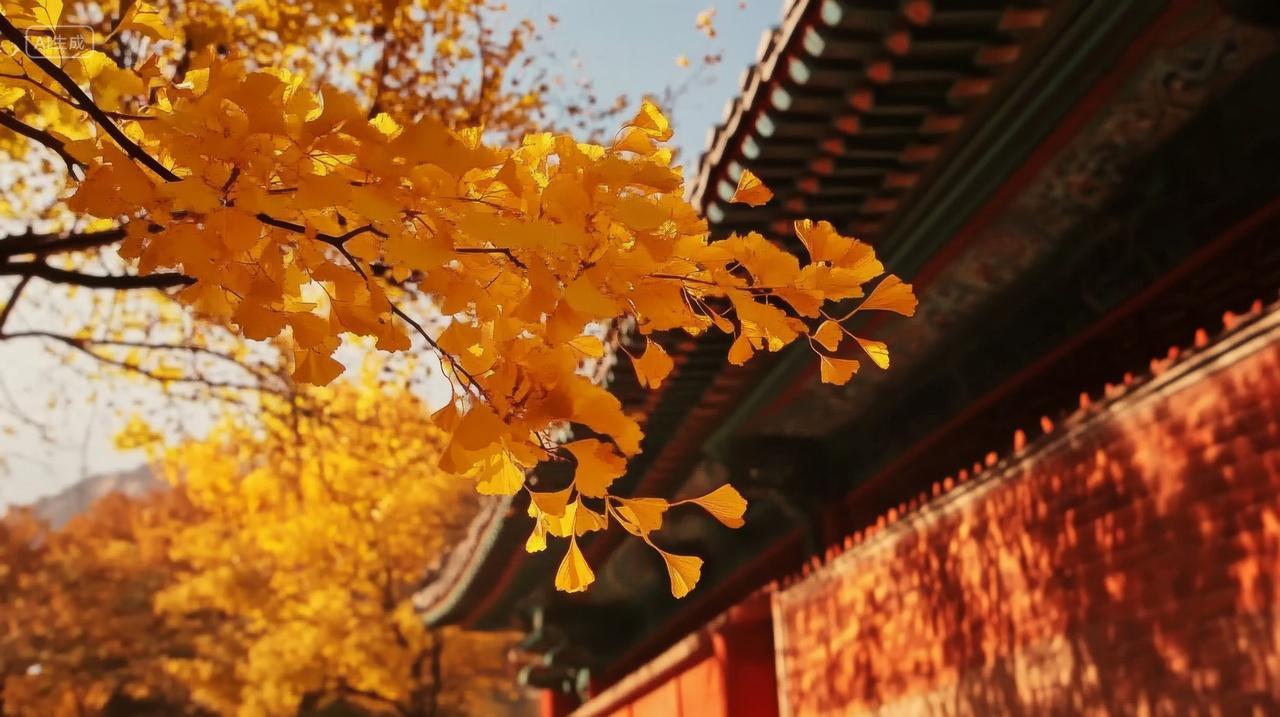 立冬时节秋叶银杏叶古诗庙秋天秋景秋色树叶黄叶秋分