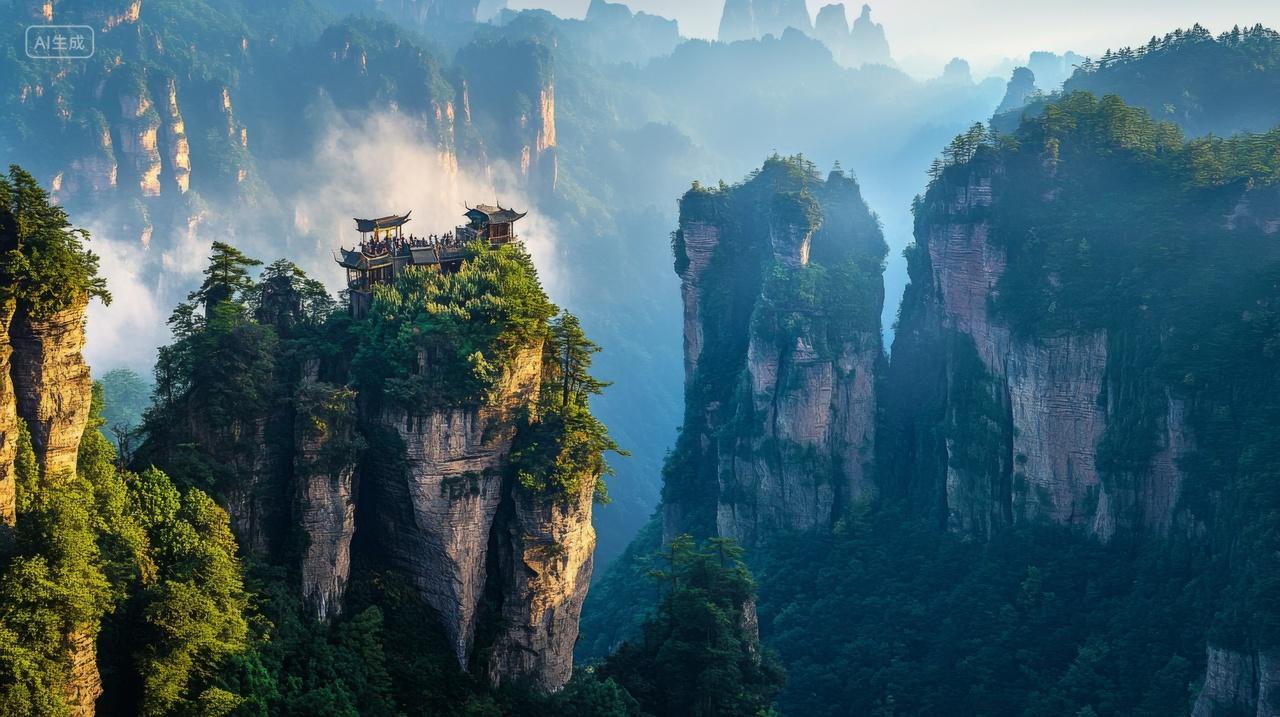 张家界天门山云海雾气山峰绿色中国自然风景