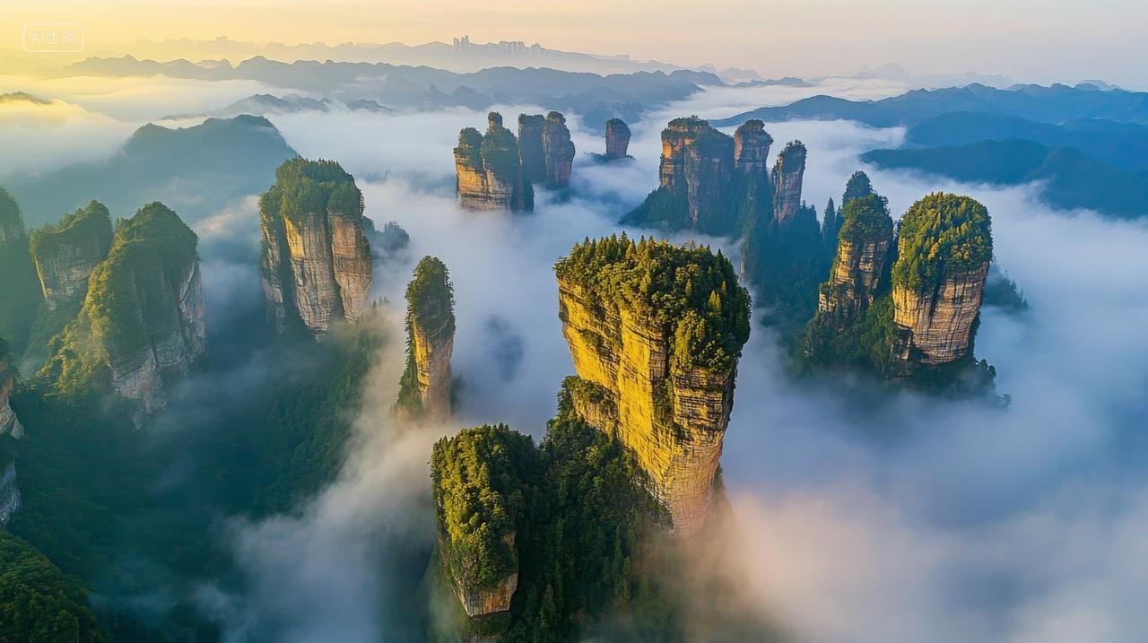 张家界云海雾气山峰绿色中国旅行自然风景