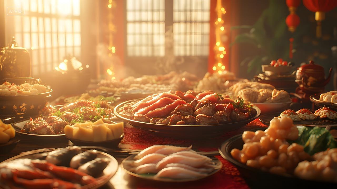 蛇年新年年夜饭阳光照耀下的丰盛美食盛宴