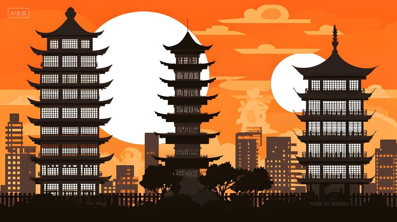 日落时传统宝塔剪影