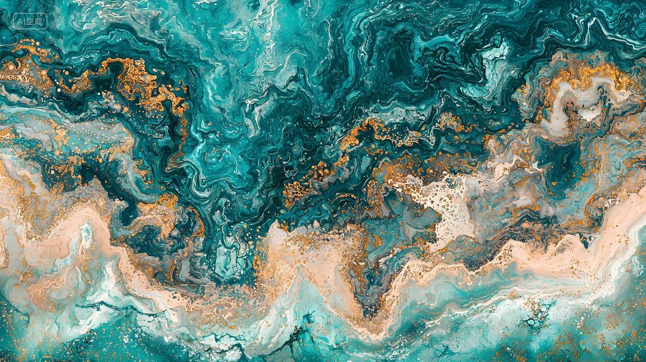 抽象绿松石和金色流体艺术设计