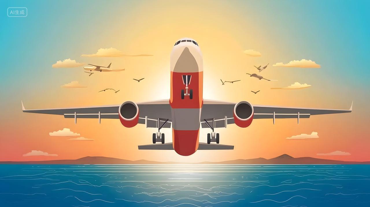 日落时分飞机在海面上翱翔