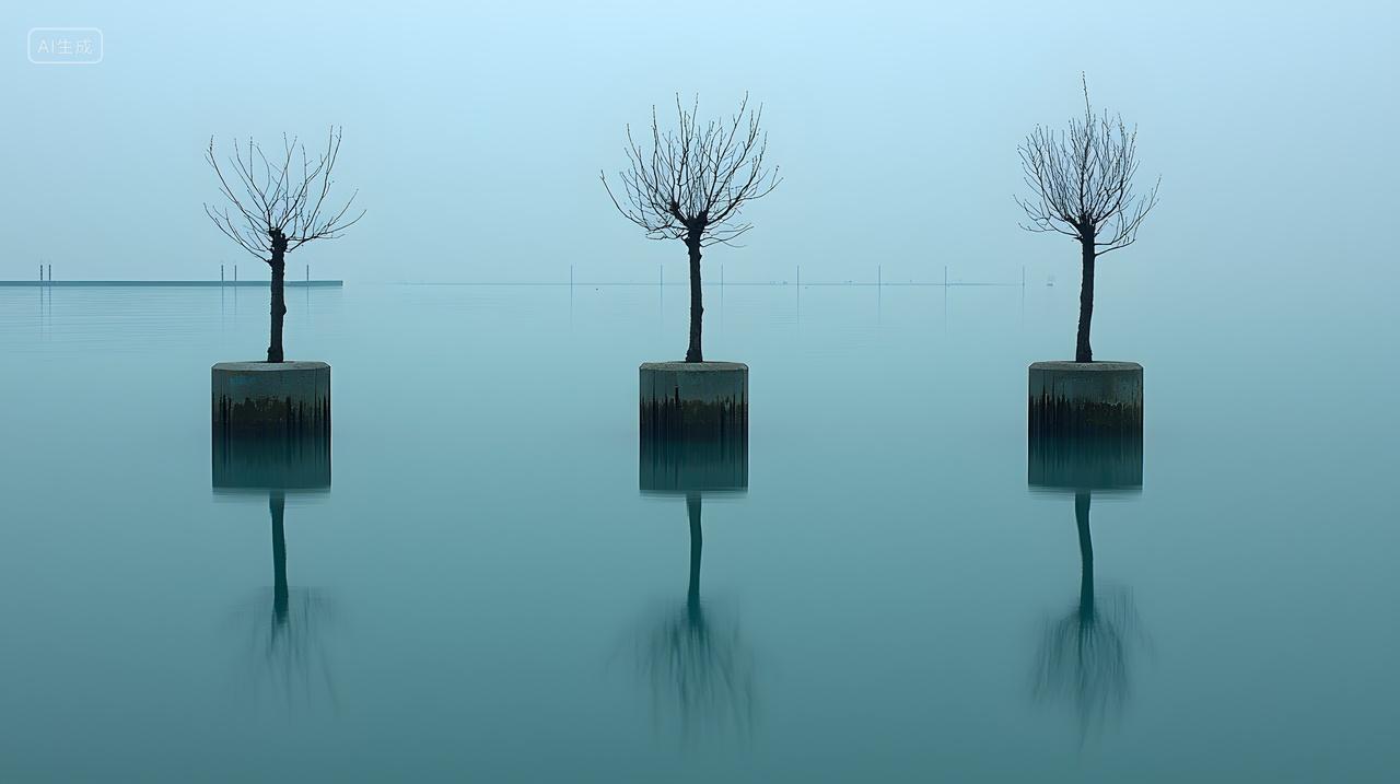 平静水面上倒映着三棵光秃秃树
