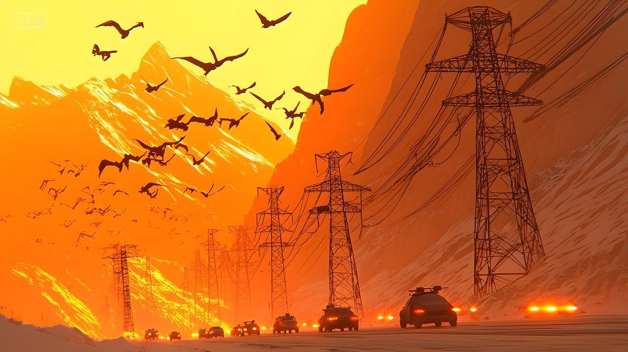 日落时分汽车剪影与飞鸟