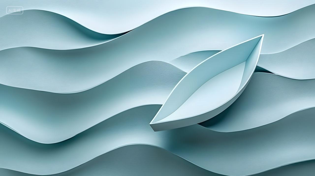 纸船在有纹理纸柔软蓝色波浪上