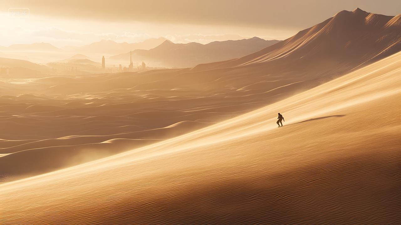 孤独身影走过金色沙丘