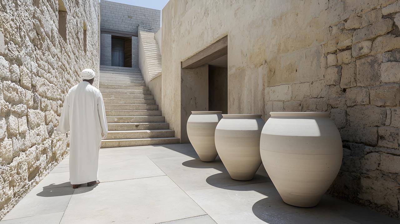 身着传统服饰阿曼男子站在大型陶器旁