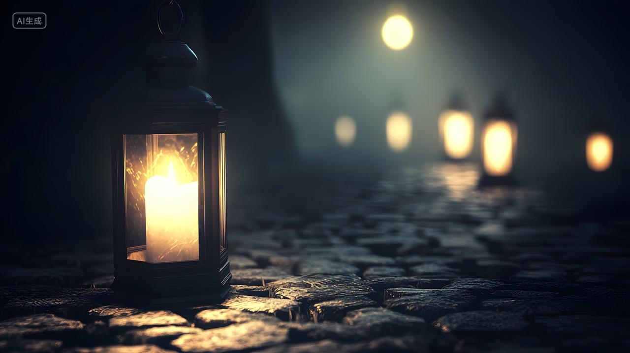 雾蒙蒙鹅卵石小路上闪着光灯笼
